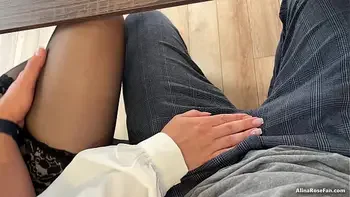 Teacher in Stockings Handjob her student under the table