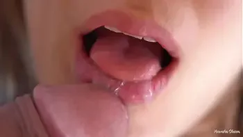 Her Soft Big Lips And Tongue Cause Him Cumshot, Super Closeup Cum In Mouth