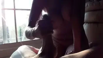 Gorgeous curvy girlfriend with enormous DDD natural tits and big puffy nipples gives sensual blowjob in front of patio, drinks and swallows all of boyfriend's cum after he finishes