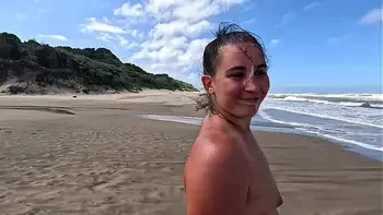 Doing a cum walk on the beach after sucking and jerking off cock