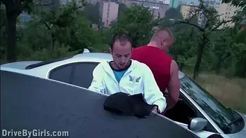 Girl stuck her ass out the car window for anyone to fuck a public gang bang orgy