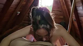 My mouth was filled with cum after sucking his cock in Airbnb cabin