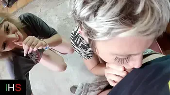 Threesome sex with a slutty blonde girl and a slutty milf