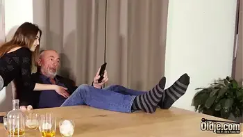 Petite teen sucks the cock of old man and wants more spunk