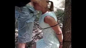 Belgian milf gets tied up in woods and sucks dick