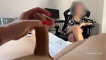 My stepmom caught us when I jerk my husband off and she watched how he cum during our talk.