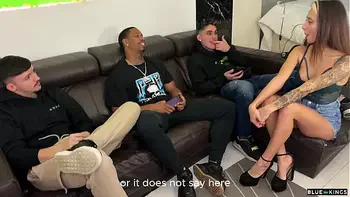 She tricks him into bringing her a towel and fucking him with their friends in the living room - CREAMPIE