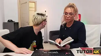 TUTOR4K. MILF tutor in stockings got so mad and then so horny so she tried 2 dicks at the same time to calm down