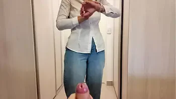 Stepmother helped her stepson quickly cum in her panties before work