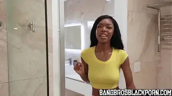 Sexy ebony stepsister gets turned on when she sees her stepbrother's huge cock in the shower