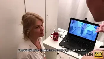 TUTOR4K. Man puts professor down on her knees for blowjob and fucks her