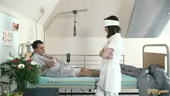 Teen nurses fuck old grandpa in a fake hospital bed and give sloppy blowjob