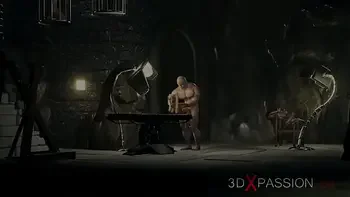 A sexy blonde gets fucked by a big monster in the dark dungeon