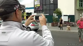 Busty blonde gets gangbang in public