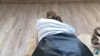 secretary in leather skirt kneels for boss - business-bitch