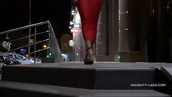 Red transparent dress in public