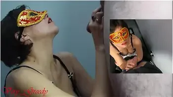Milf With A Red Mask Sucks Her Husbands Big Cock And Takes A Huge Facial To Taste The Cum