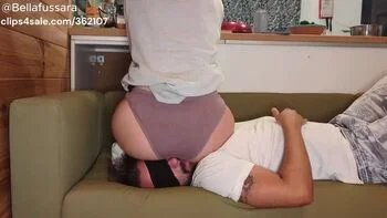 Goddess Bellafussara German Femdom - Sweaty Barefoot Facesitting & Ass Smothering on Human Couch Slave