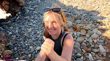 Amateur Beach Blowjob: Redhead Anja Amelia Brutal Deepthroat & Cum in Mouth