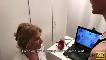 TUTOR4K. Young man poured tea on teachers clothes to make her strip and bonk