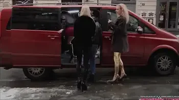 Three sexy chicks took horny guy on the streets and fuck with him in their red fuck bus