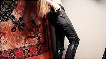 Topless Beauty Pisses Through Her Ruined Leather Trousers