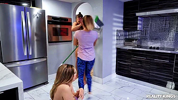 Sweeping With Her Big Natural Tits