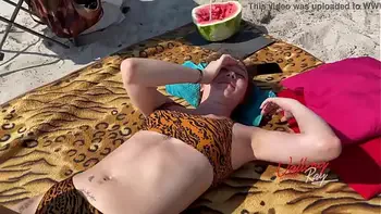 Public Blowjob On The Beach, We Are Spotted! Vallery Ray suck dick and gets cum on her face
