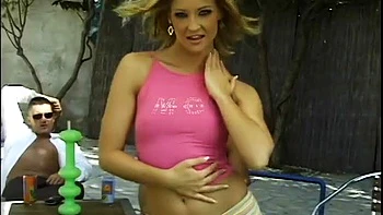 Blond whore riding two thick cocks