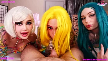Lesya Moon And Purple Bitch In Dreamed Of A Blowjob From Three Beauties In Colorful Nets Nerwen