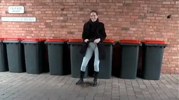 Horny girl pisses in leggings and shows her tits in public