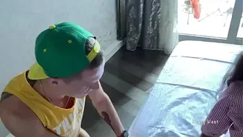 Cuckold watches his slut wife fucking with stranger and stranger cum in cuckold mouth