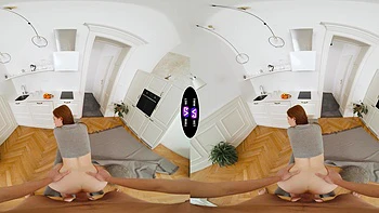 Redhead takes a hard cock in her shaved pussy in vr porn