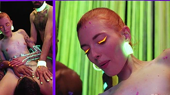 NEON GANGBANG -  Hot Wax and Hard Cocks Bless  Kiara's Shaved Pretty Pussy