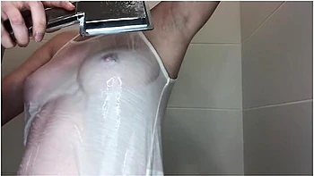 Play With Water White Wet T-shirt Shower Time Shower Play, Jump With Huge Boobs Natural Piercing