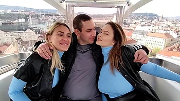 Two hot chicks and a guy in an intense threesome sex session