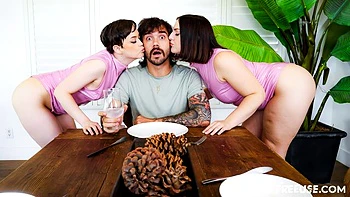 Jade Valentine and Lucy Lotus are fucking with a shared penis