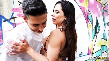 Outdoor hard fuck in the cowgirl pose with a busty brunette Luiza Marcato