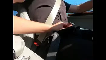 While driving my neighbor La Gourmande wanks my cock for a long time before sucking me while I drive! when I finally stop she greedily swallows all my cum without losing a drop