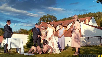 Hot brides in nylon stockings have sex with a guy in the open air