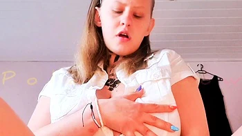 Busty curly brunette with big boobs fucks on couch