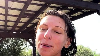 Chubby brunette milf jerks off with big tits dildo