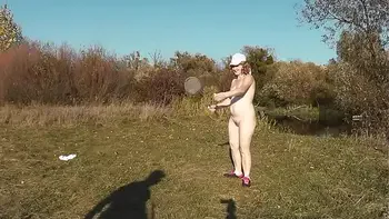 Wild beach. Nude in public. Outdoor on bank of river naked sexy mom MILF Frina learns to play badminton together with her naked lover. Outside. Nudist beach. Pussy natural tits ass Milf