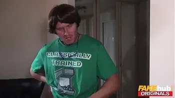 FAKEhub - Girls sleepover night heats up when young and his weird older geeky friend try to fuck the horny blonde British girlfriend giving her a double dicking orgasm and a creampie