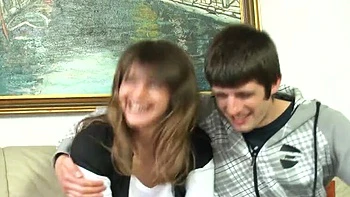 German amateur slut gives deep throat blowjob to two hard cocks