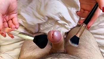 Marshmallow Sweet Edging His Sensitive Cock with a Makeup Brush - Femdom Handjob & Teasing POV