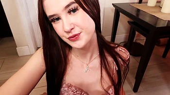 Brunette teen Athena Heart with long hair gives a deepthroat blowjob