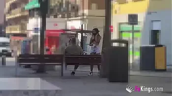 Young 'n shy babe seduces random guys in the streets of Madrid!