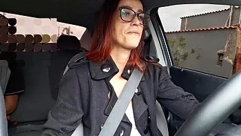 Skinny Brazilian Redhead Taxi Driver Catches Client Masturbating in Car