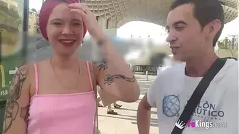 Slutty Spanish tourist licks cock in the middle of Seville!